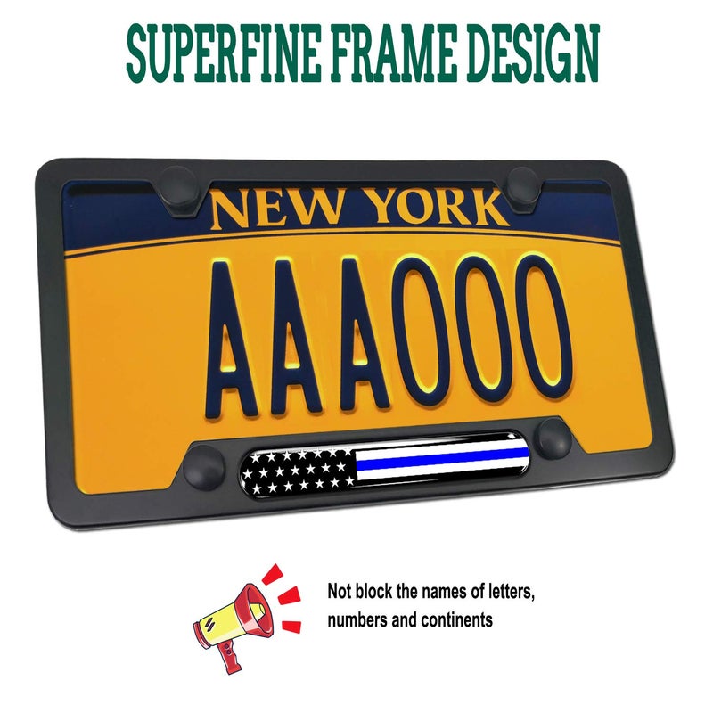 FBJTDQ Police Thin Blue Line License Plate Frame-American Flag Patriotic Car Tag Holder, USA Black Aluminum Bracket with Screw, Cap Covers, Decal, Novelty Present for Law Enforcement, 1 Pack - Image 2